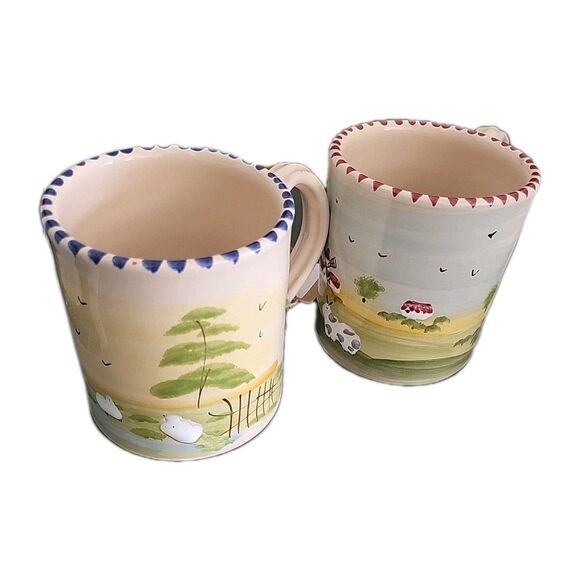 Farmhouse Sheep cow Coffee Mugs Set of 2 Hand Painted Pottery Italy Lamas - Picture 3 of 9